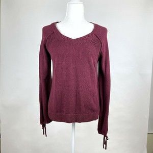 Lucky Brand Women's Size XS Dark Purple Slit Sleeve Cuff Tie V-Neck Sweater